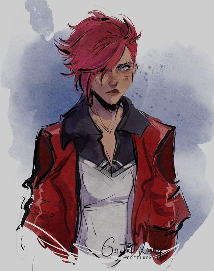 a drawing of a woman with red hair wearing a red jacket and white dress shirt