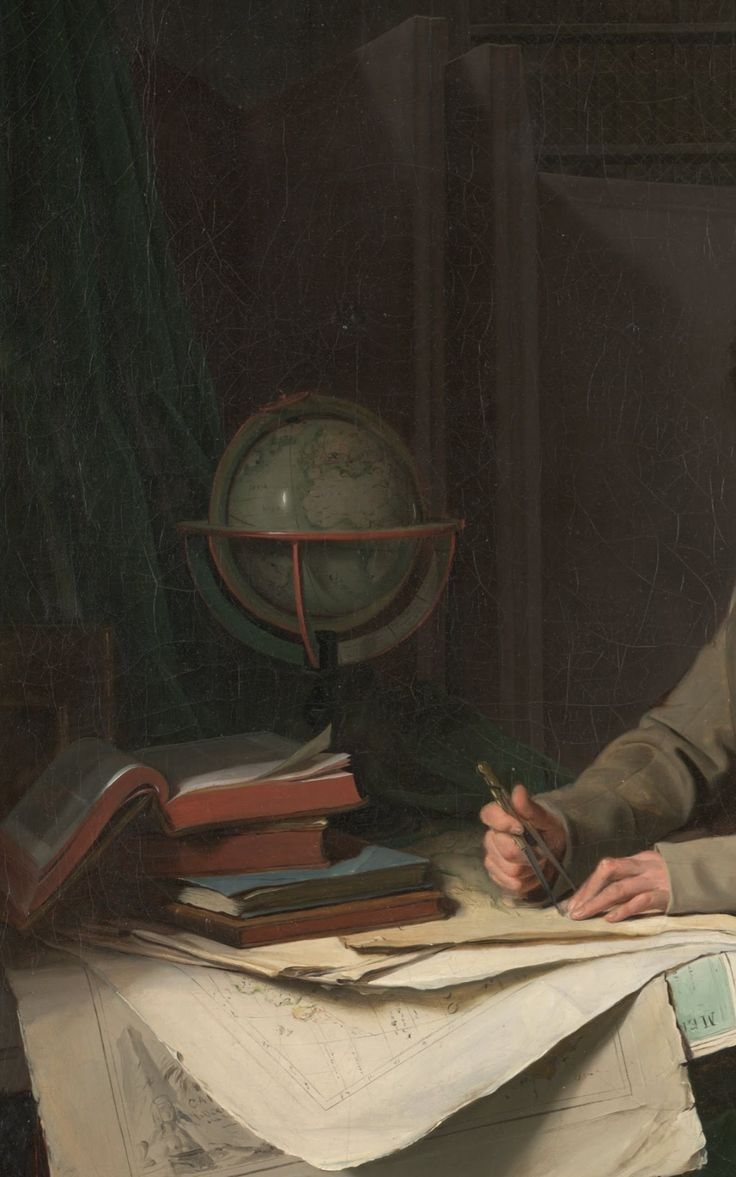 a painting of a man sitting at a desk writing on a piece of paper with a globe in the background