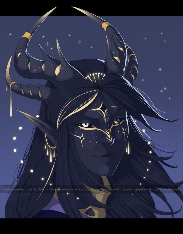 a woman with horns on her head and stars in the sky behind her, looking at something