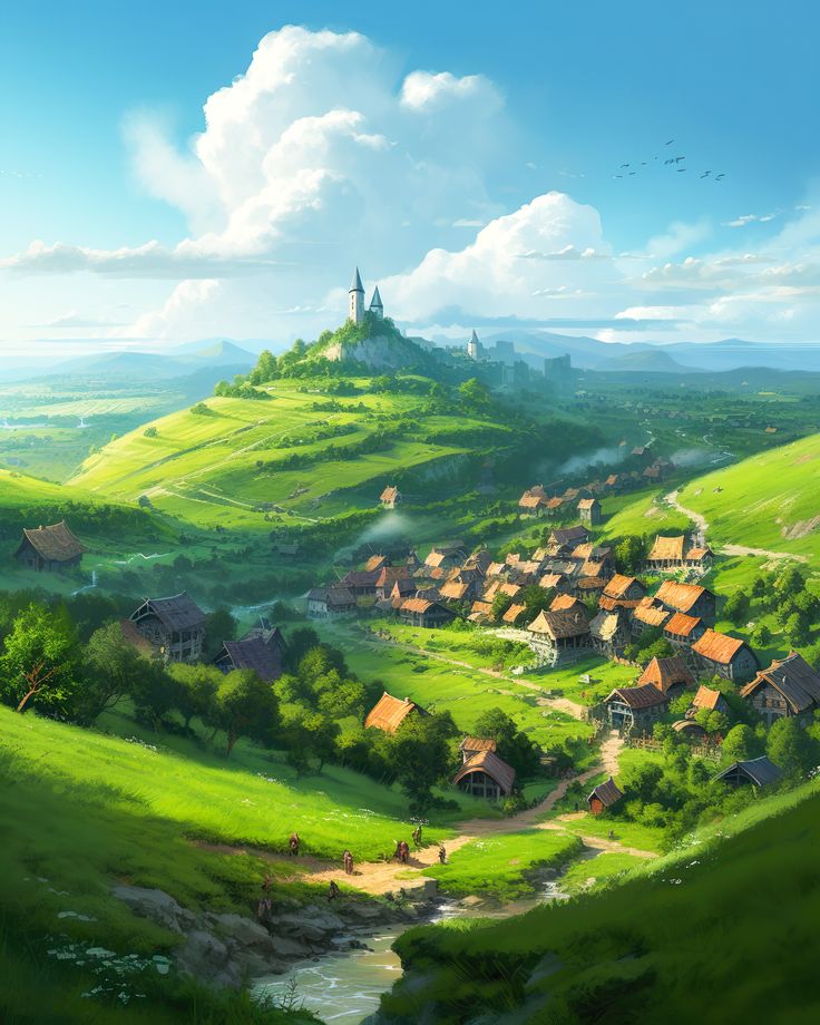 a painting of a village on a green hill