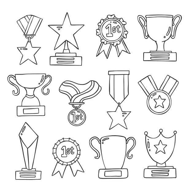 black and white line drawing of trophies with ribbons, stars and medals around them on a white background