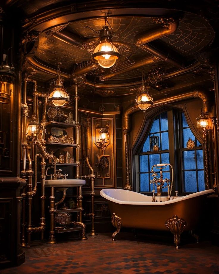 an ornate bathroom with a claw foot bathtub and chandelier in the corner