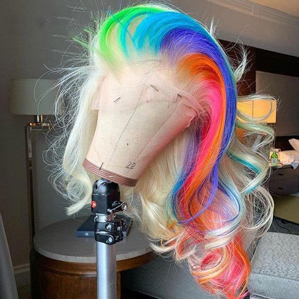 Rainbow Wigs For Black Women, T Part Wigs, Colored Hairstyles, Rainbow Highlights, Hair Colorful, Rainbow Wig, Part Wigs, Rainbow Laces, Human Hair Wigs Blonde