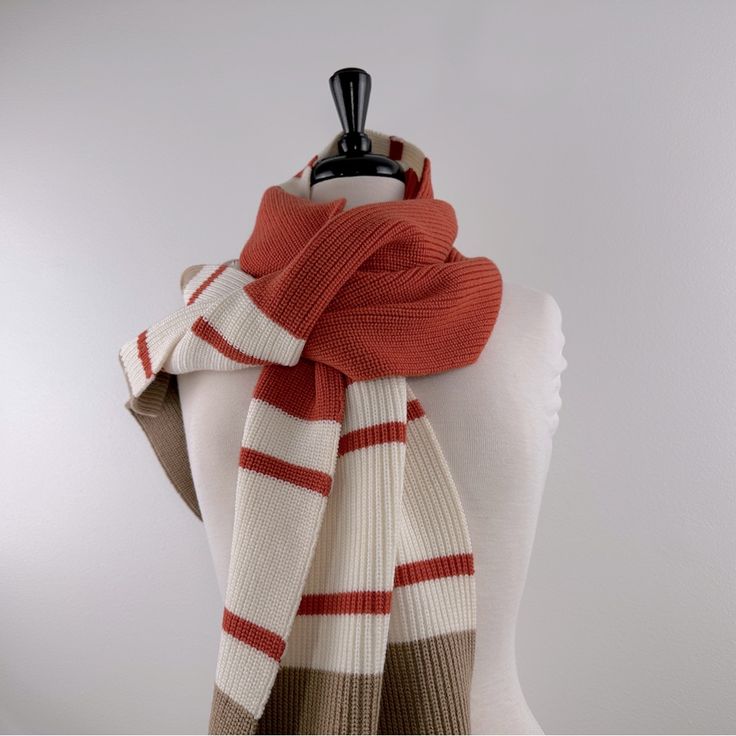 New With Tags Eleventy Wool Knit Scarf Heavier Weight Scarf With Stripes In Burnt Orange, Tan, Off White, Color 13 Inches Wide By 72 Inches No Apparent Flaws See Photos Wool Knit Scarf, Tie A Scarf, Scarf Style, Faded Jeans, Scarf Tying, Wool Knit, Blanket Scarf, Off White Color, Wool Scarf