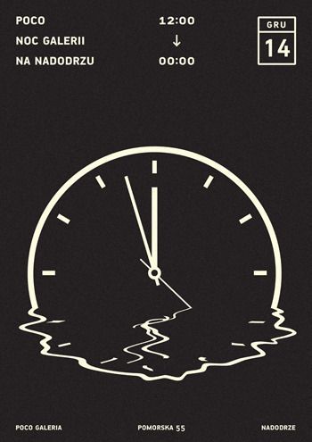 a black and white poster with a clock in the water on it's side