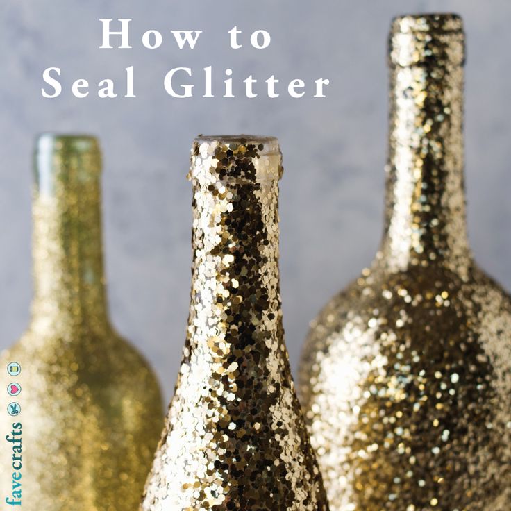 three glitter bottles with the words how to seal glitter on them in white and gold