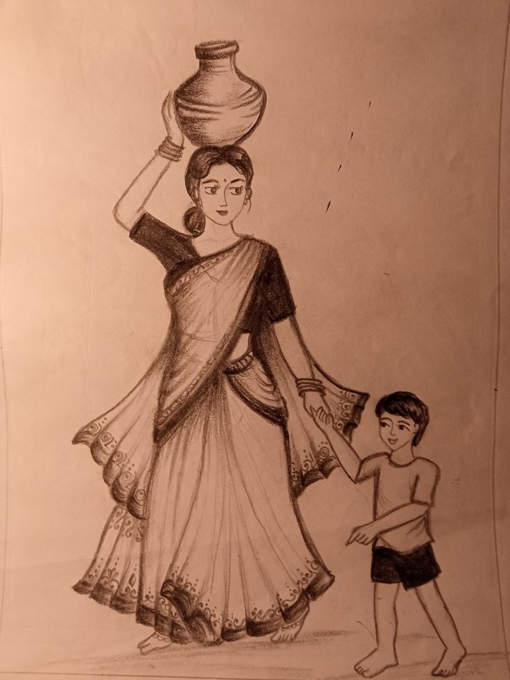 a pencil drawing of a woman holding a vase with a boy standing next to her