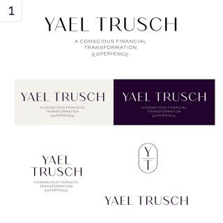 the logo for yael trusch is shown in three different colors and font