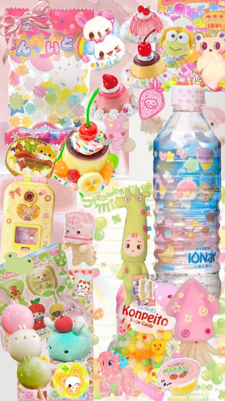 the collage has many different items and colors to choose from, including water bottle