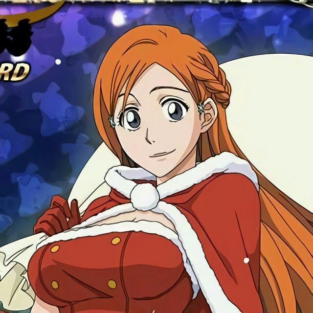 an anime character with long red hair and wearing a santa claus outfit is looking at the camera