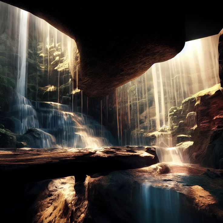 a waterfall with sunlight streaming down from it