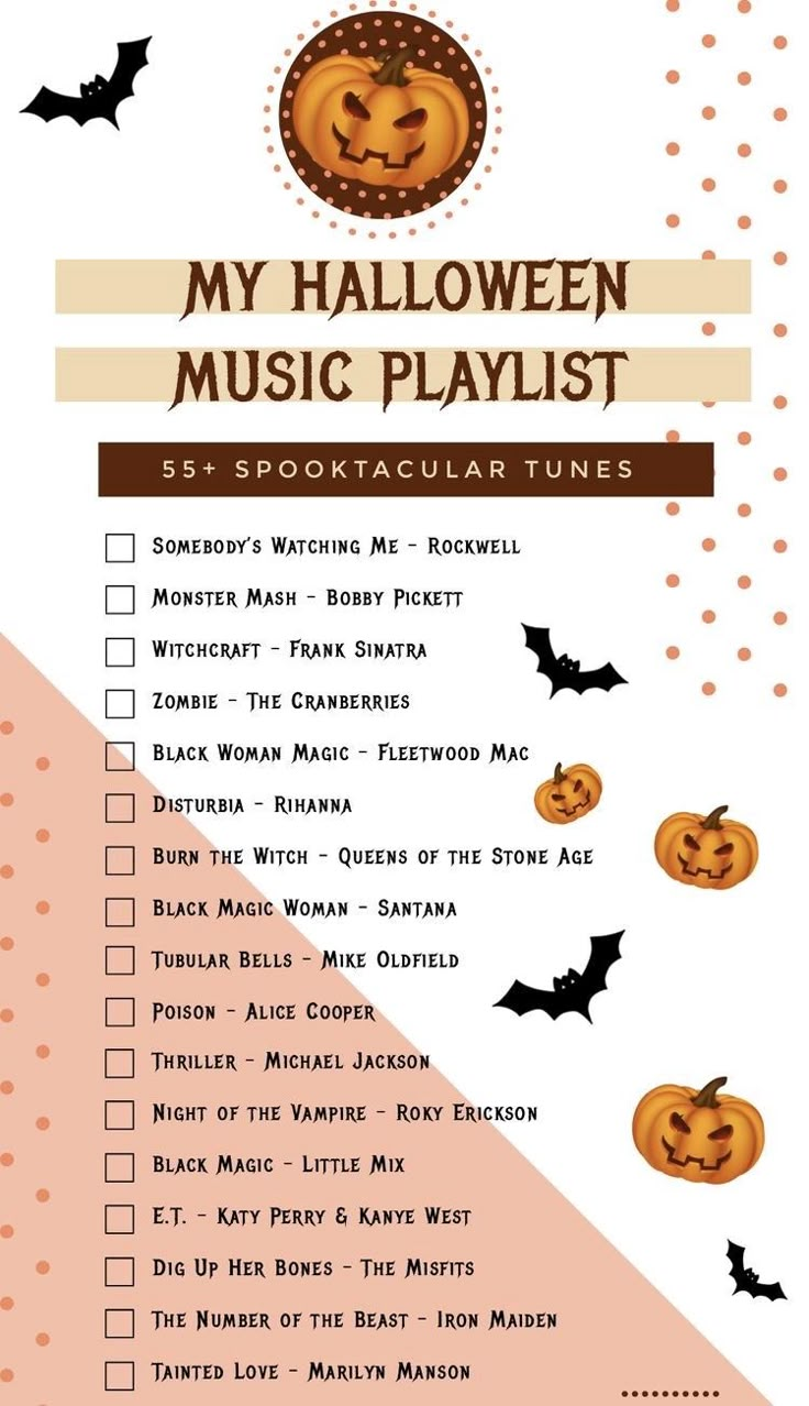 halloween music playlist with pumpkins and bats