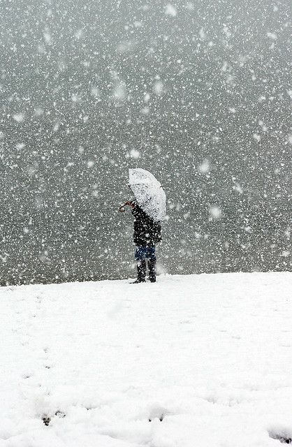 a person standing in the snow with an umbrella over their head and looking into the distance