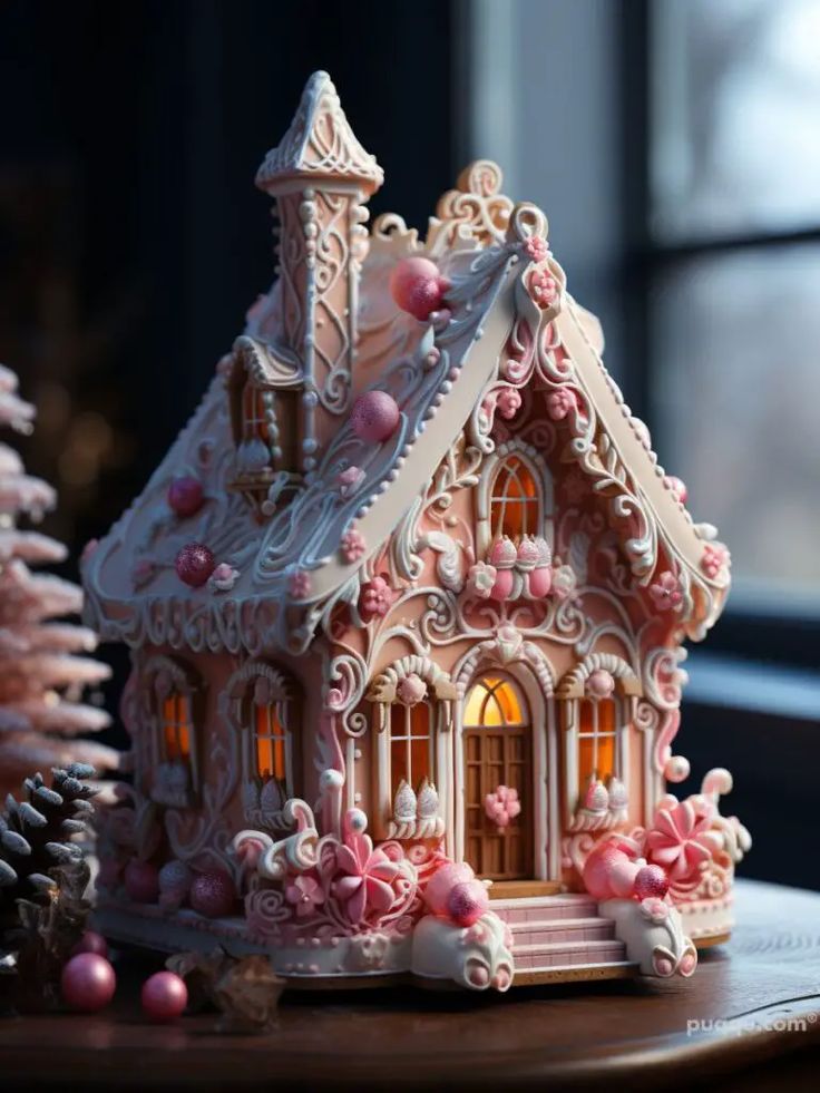 a pink and white gingerbread house next to a christmas tree