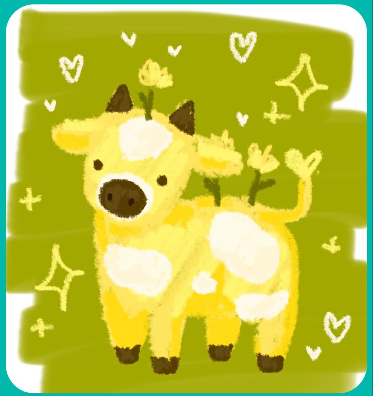 a drawing of a yellow cow with hearts on it's chest and tail, standing in front of a green background