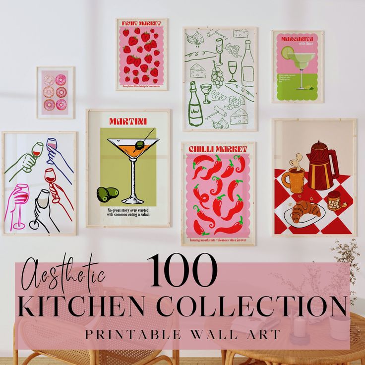 there are many pictures on the wall with words above them that say, 100 kitchen collection printable wall art