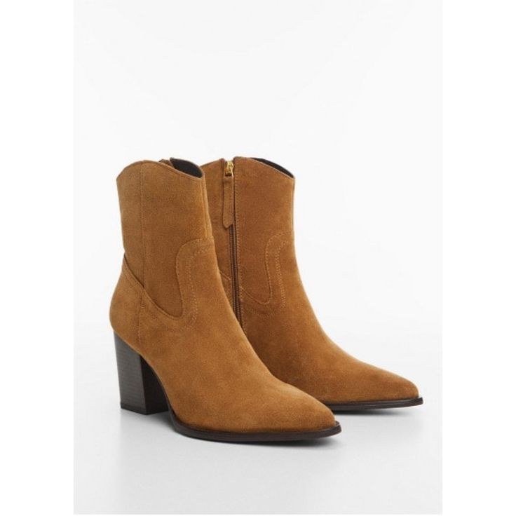 100% bovine leather, Suede, Block heel, Pointed, Side zip fastening, Inner lining, 3.15 in heel Brown Ankle Heeled Boots With Zipper, Brown Ankle Boots With Zipper Closure, Brown Ankle Heeled Boots With Zipper Closure, Brown Pointed Toe Heeled Boots With Zipper, Brown Pointed Toe Heeled Boots With Zipper Closure, Mango Boots, Mango Shoes, Mango Outlet, Suede Leather Boots