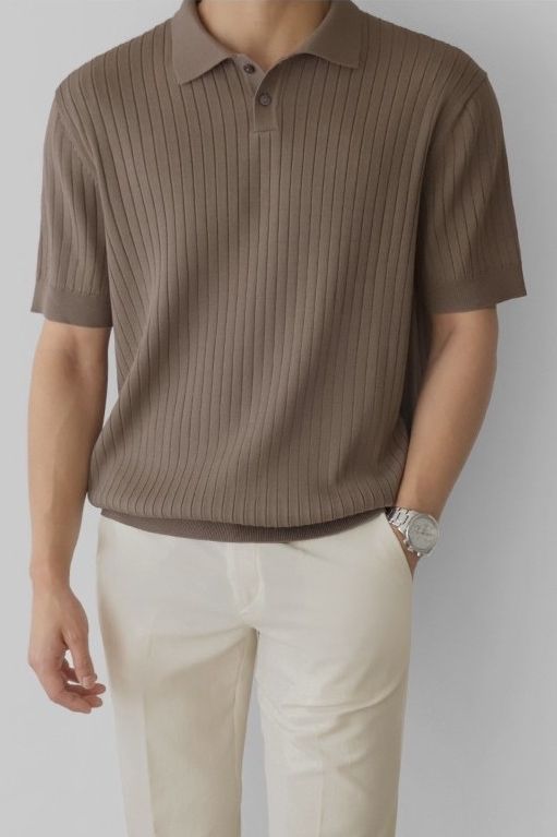 Knitted Shirts Men, Summer Dresses For Men, Mens Clothing Styles Aesthetic, Men Dressing Style, Casual Shirt Outfit, Beige Outfit Men, Korean Fashion For Men, Boys Fashion Style, Polo Shirt Outfit