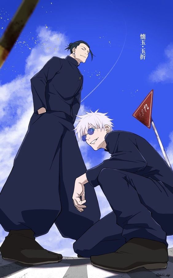 two anime characters sitting on the ground in front of a blue sky with white clouds