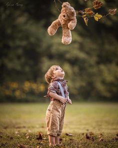 a little boy standing in the grass looking up at a teddy bear hanging from a tree