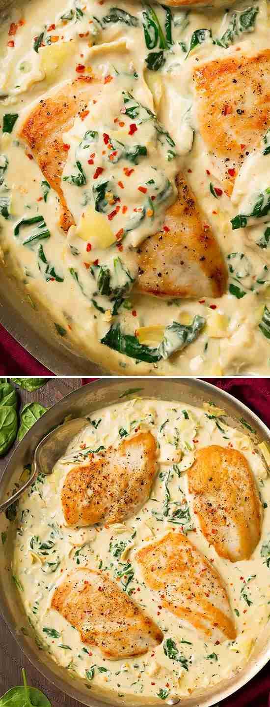 two pictures of chicken and spinach casserole in a skillet, one with the