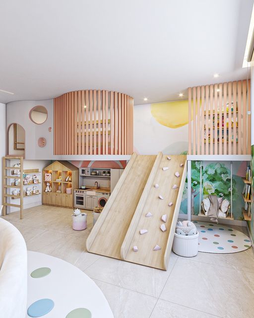 a child's play area with slides and toys