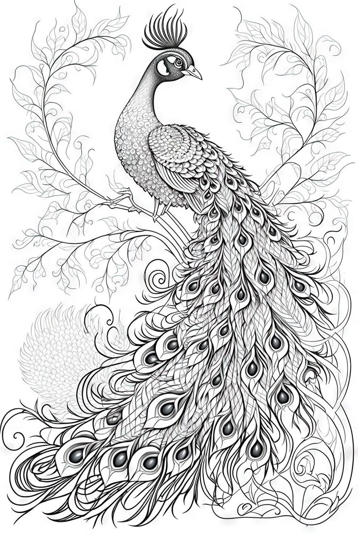 a black and white drawing of a peacock