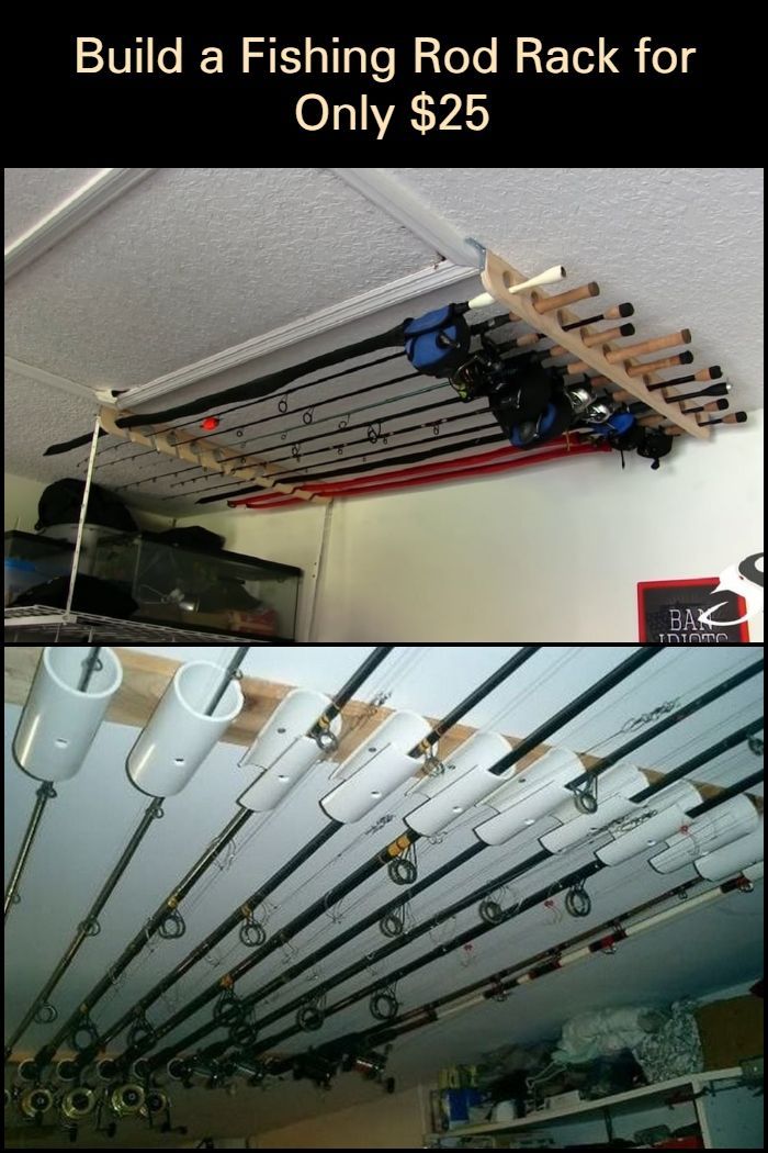 there are many fishing rods hanging from the ceiling