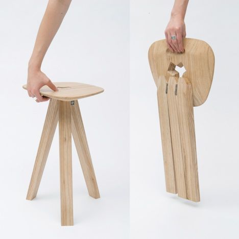 two pictures of a wooden stool with an elephant design on the top, and another photo of a person's hand reaching for it