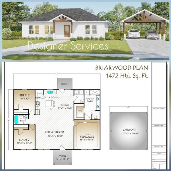 the floor plan for a house with two car garages and an attached porch area