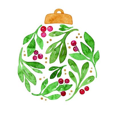 a watercolor christmas ornament with green leaves and berries