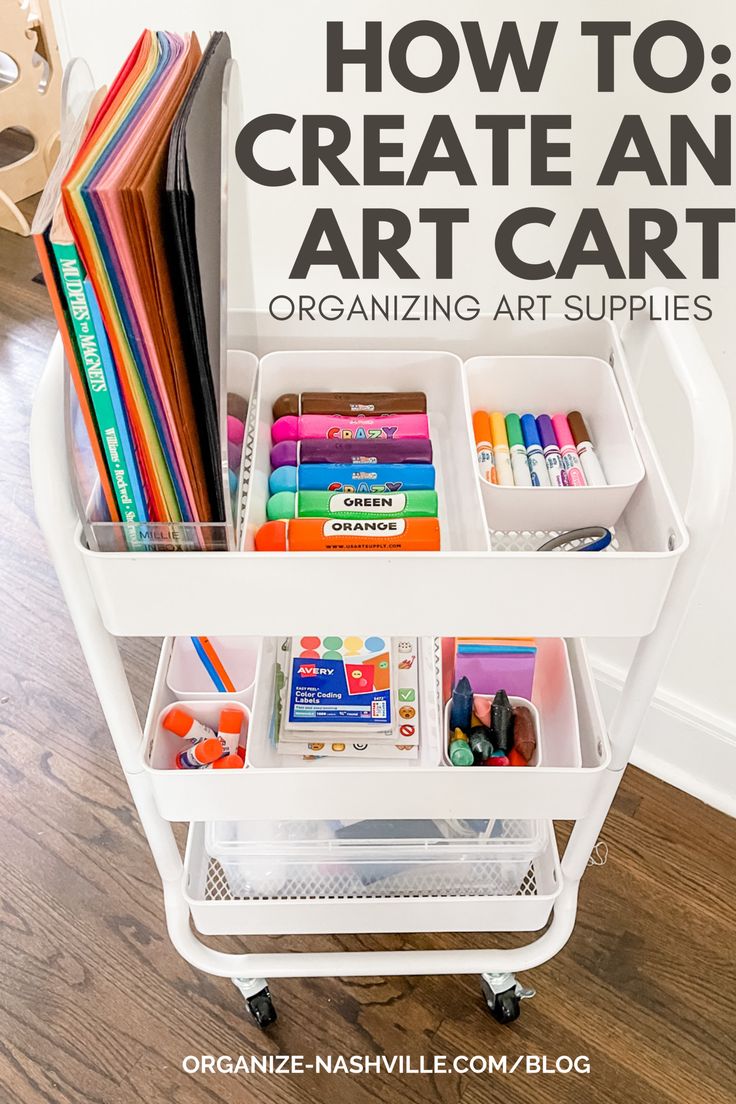 an organized cart with books, pencils and markers on the bottom is featured in this article