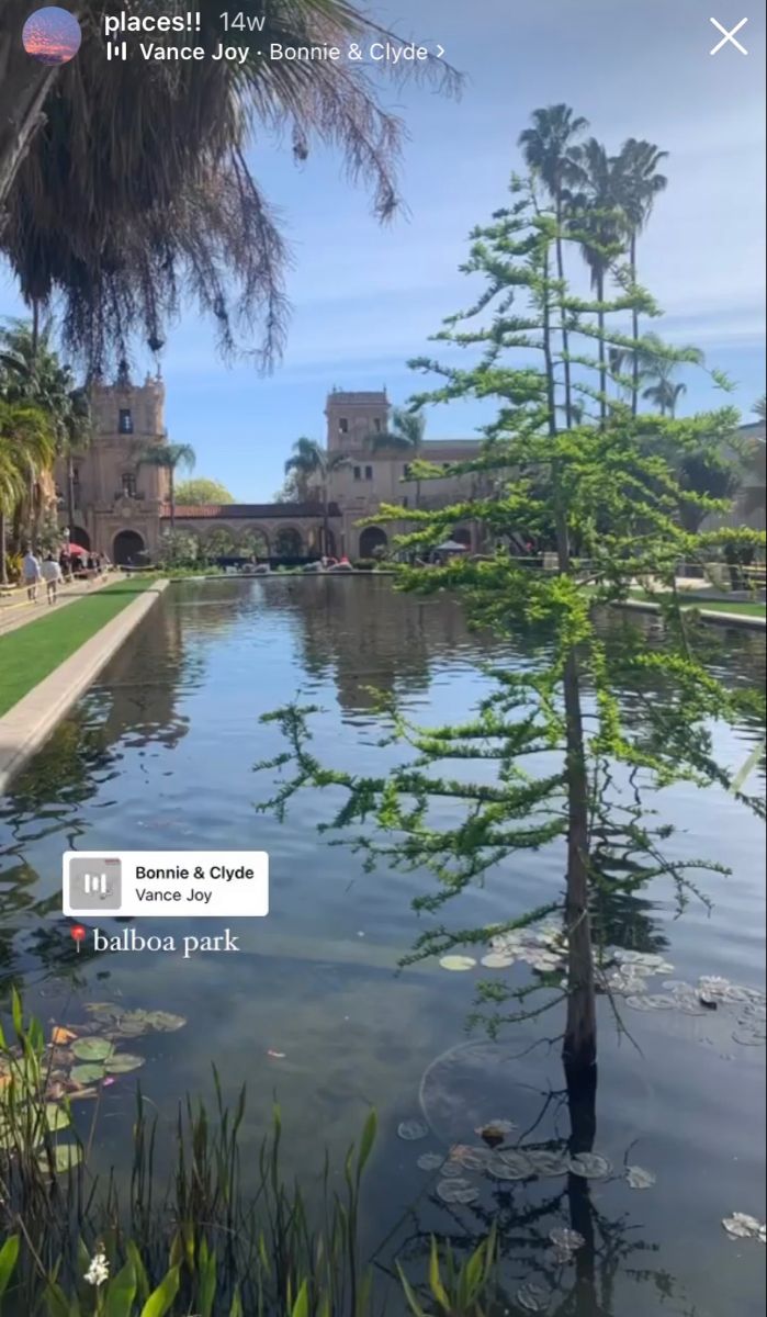 an image of a pond in the middle of a park with palm trees and people walking around