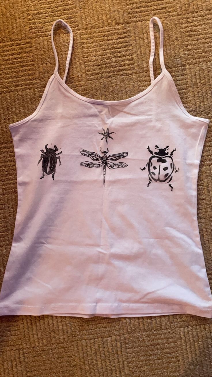 hand printed insect tank top / cami made using lino and fabric ink. lovely unique insect design showing a beetle, dragonfly, ladybird, and a little star. sizes XS-XL are available, and item is made to order so let me know your size. very fashionable, one of a kind, cute and comfy Anti Fast Fashion Art, How To Put Print On Shirt, Grunge Tank Top Diy, Crafts For Clothes, Fashion Items Accessories, Cool Diy Shirts, Doodle T Shirt, Simple Screen Print, Block Printed Clothes