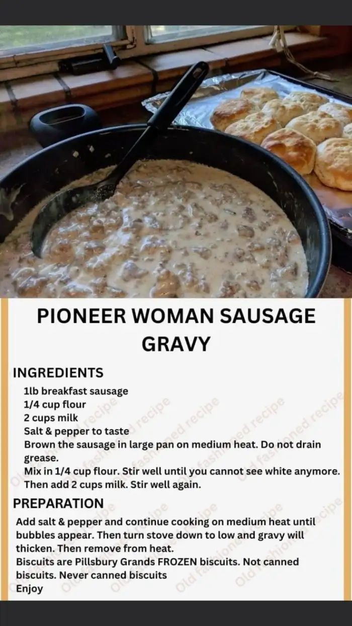 a menu for a woman's sausage gravy recipe with information on the side