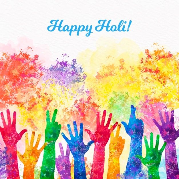 many hands are in the air with happy holi written on it