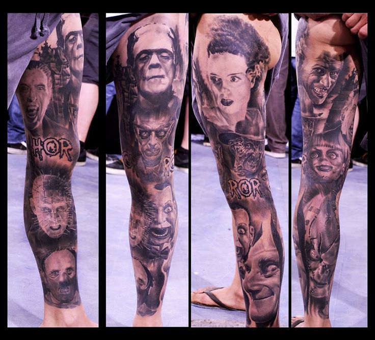 a man's leg covered in tattoos with pictures of people and animals on it