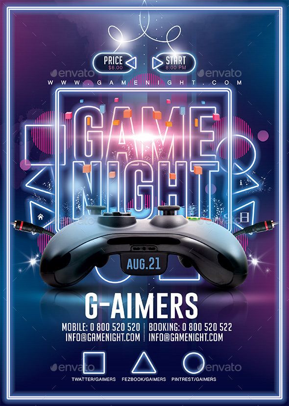 a flyer for a game night with a video game controller