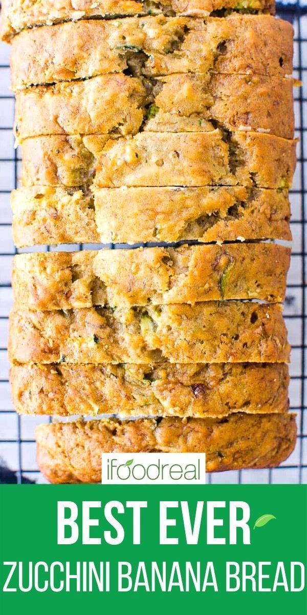 the best ever zucchini banana bread on a cooling rack with text overlay