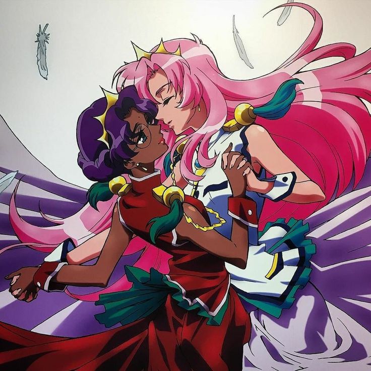 two anime characters one with pink hair and the other wearing purple, standing next to each other