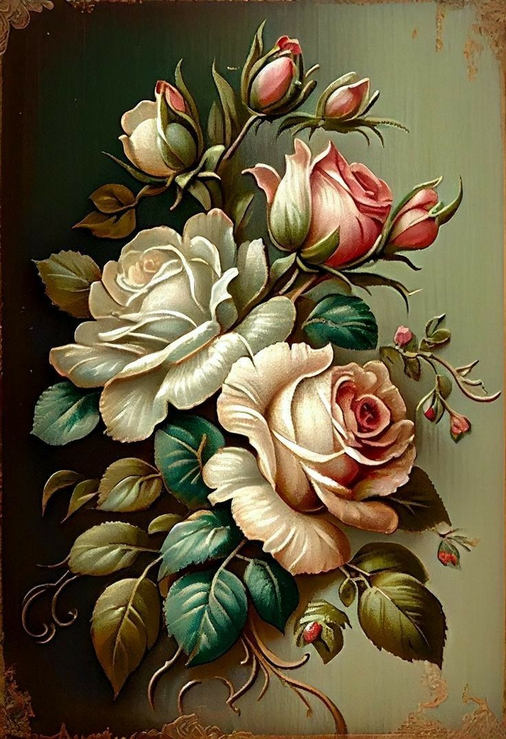 a painting of roses with green leaves on a brown and green background, in an old - fashioned frame