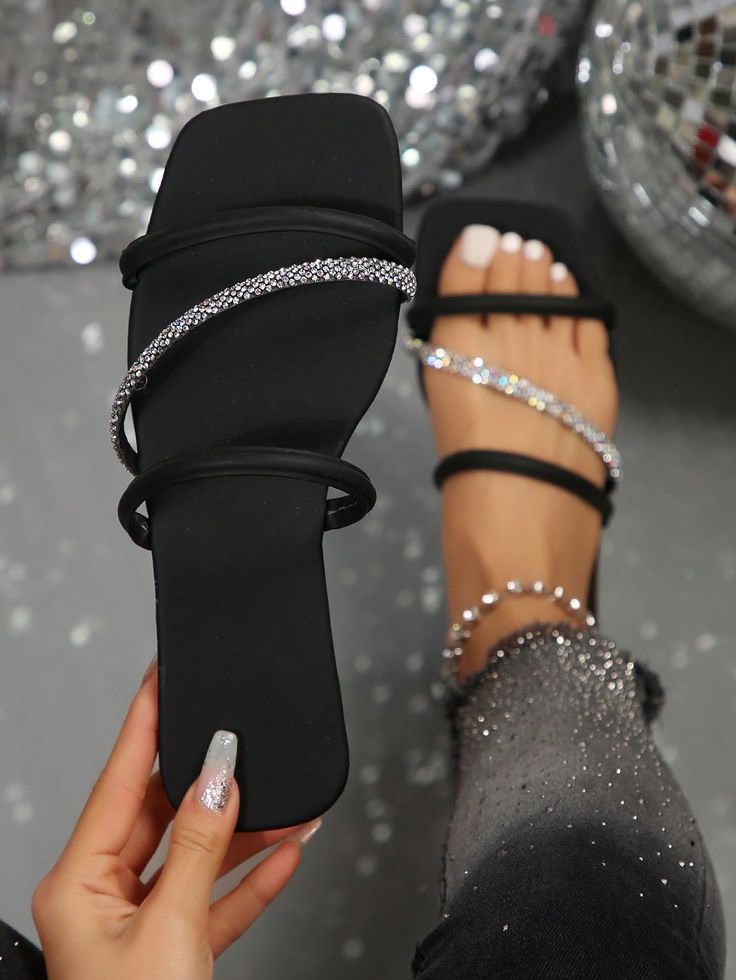 Summer New Arrival Fairy Style Rhinestone Decor Open Toe Flat Sandals For Women, Slip-On Valentines Black Fashionable    Plain,All Over Print Slides   Women Shoes, size features are:Bust: ,Length: ,Sleeve Length: Dressy Flat Sandals, Square Shoes, Women Flat Sandals, Pretty Sandals, Rhinestone Flats, Style Français, Rhinestone Shoes, Designer Slippers, Fairy Fashion