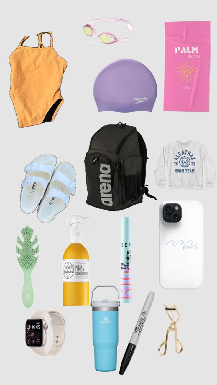 Swim team Swim Team Outfits, Swim Team Bag Essentials, Swim Meet Essentials, Athlete Essentials, Swimming Essentials, Summer Swim Team, Preppy Swim, Team Aesthetic, Swimmer Girl