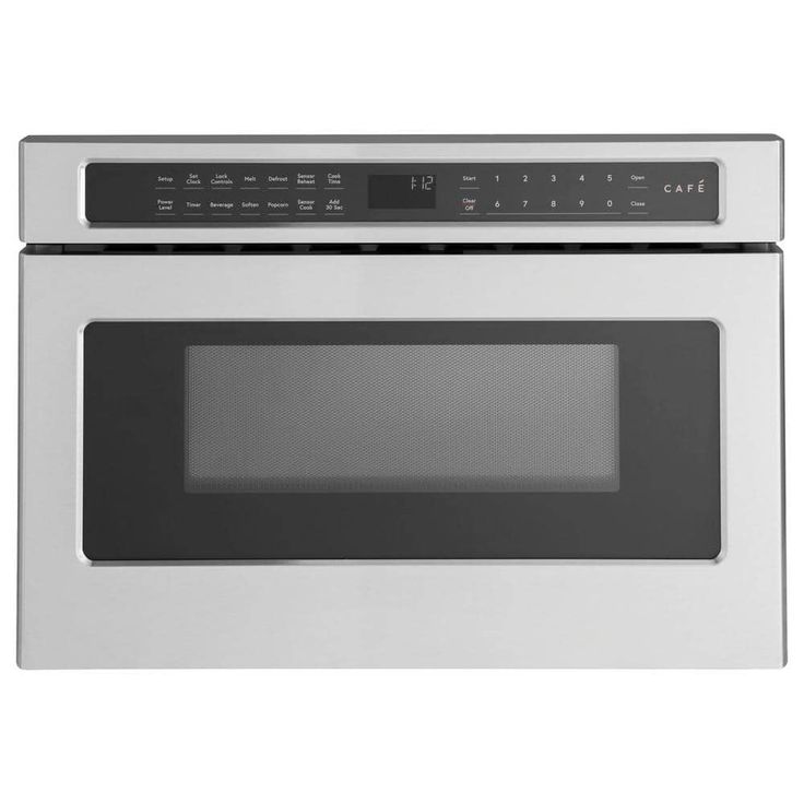 a stainless steel microwave oven with the door open and electronic controls on it's side