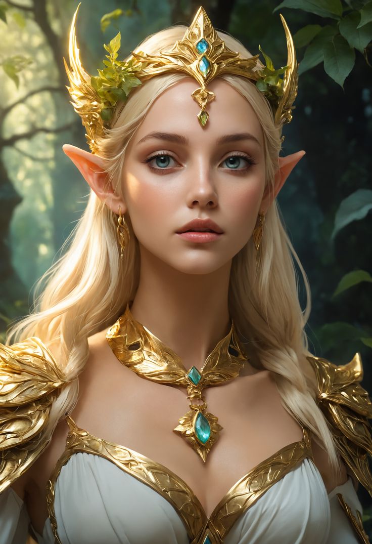 a woman with blonde hair and blue eyes wearing gold jewelry in front of some trees