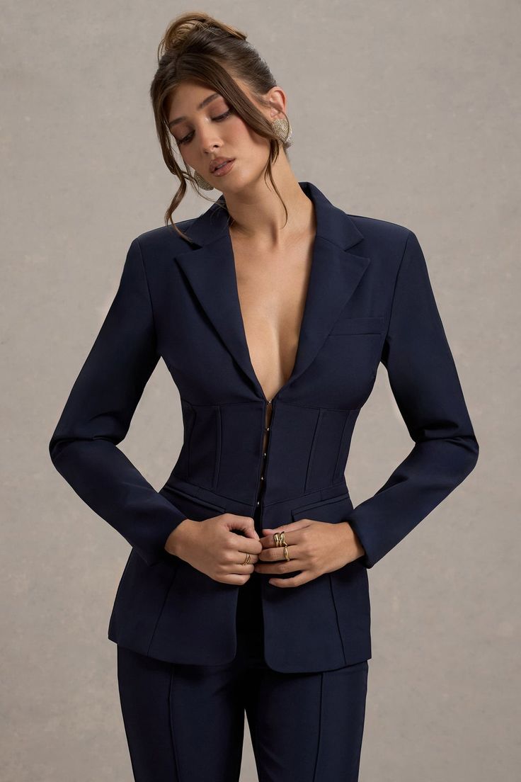 Unbeaten Navy Fitted Corset Blazer Jacket – Club L London - USA Business Suit For Women, People Choice Awards, Suits Aesthetic, Corset Blazer, Estilo Kardashian, Speech And Debate, Christmas Wardrobe, Nancy Wilson, Suits Office