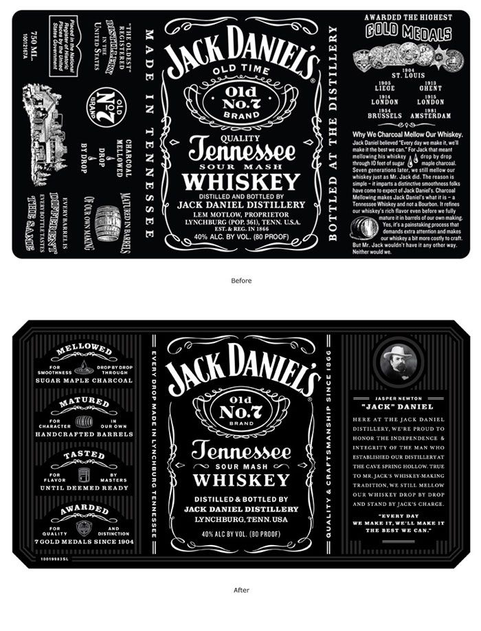 two black and white tickets with labels for jack daniels'whiskey on the front and back