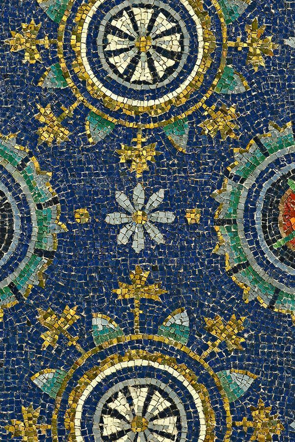 a blue and gold mosaic tile pattern with flowers