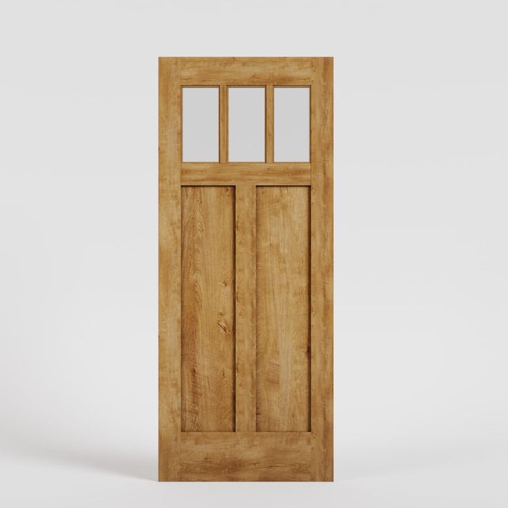 a wooden door with glass panels on the top and bottom panel, against a white background