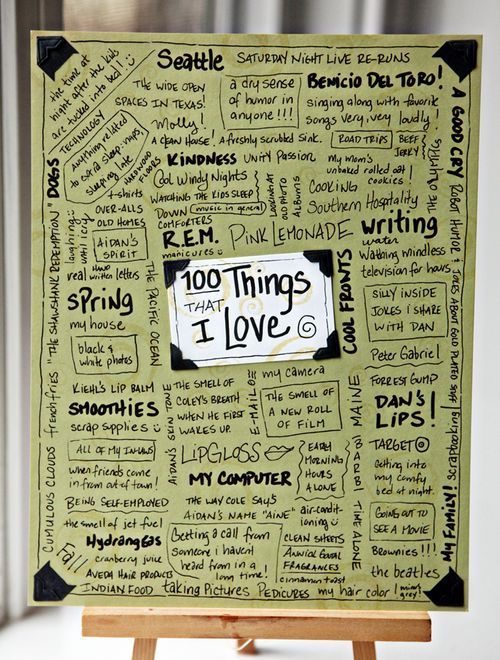 an easel with writing on it that says 100 things i love